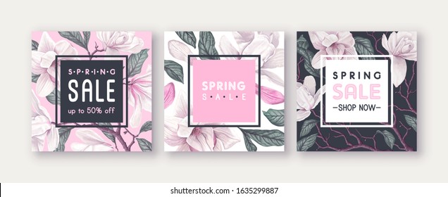 Spring sale banner with white Magnolia flowers. Can be used as greeting, invitation card, template design, cover, party advertisement. Square card template. Realistic highly detailed plants in vector 