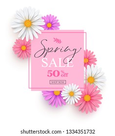 Spring sale banner with white, pink and lilac daisies