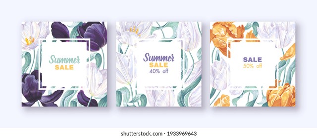 Spring sale banner with white, yellow and purple tulips and leaves on a white background. Can be used as greeting, invitation card, template design, cover, party, advertisement. Square card templates.