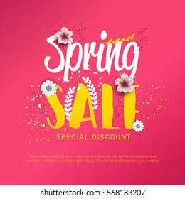 Spring Sale Banner,poster With Stylish Typography And Spring Flower.