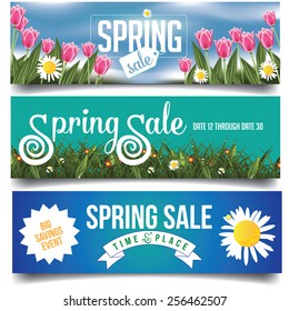 Spring sale banners or billboards with tulips and daisies EPS 10 vector royalty free stock illustration for greeting card, ad, promotion, poster, flier, blog, article, social media, marketing