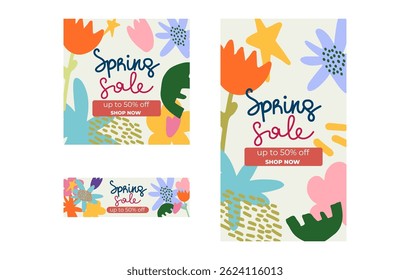 Spring Sale Banners – Colorful Spring Floral Design. Suitable for social media post, instagram story and web ads. Cute hand drawn modern design