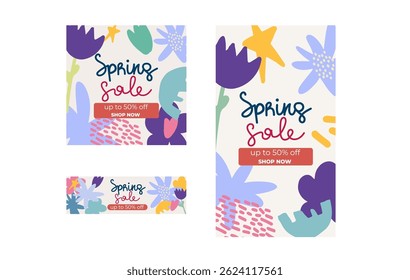 Spring Sale Banners – Colorful Spring Floral Design. Suitable For Social Media Post, Instagram Story And Web Ads. Cute Hand Drawn Modern Design
