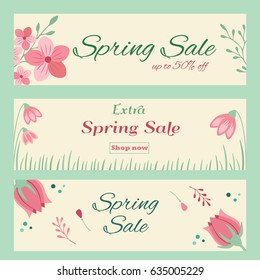 Spring Sale banners with floral ornament and text 
