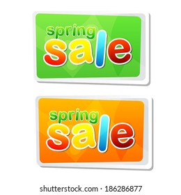 spring sale banners - text in two flat design labels, business shopping seasonal concept, vector