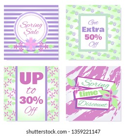 Spring Sale banners vector set. Badges collection blooming lilac flowers and frames for Spring sale. Design template posters for hotel, beauty salon, spa, restaurant, club. Vouchers spring discount