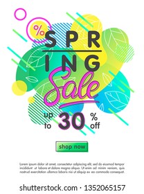 Spring sale banner.Trendy layout with bright liquid shapes,tiny leaves and geometric elements.Sale poster perfect for prints, flyers banners, promotional ad, special offers.Vector illustration. 