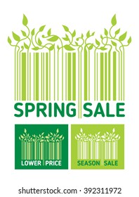 Spring sale barcode with seeding plant and leaves. Set of vector illustration for design.