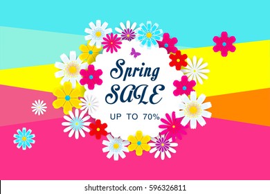 Spring sale with beautiful colorful flower. Vector illustration template.banners, invitation, posters, brochure, voucher discount.