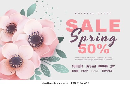 Spring sale with beautiful flowers. Vector illustration template.