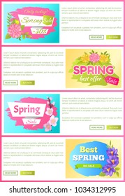 Spring sale best offer, set of webpages, with images and text sample, headlines and flowers with leaves, buttons and blossom, vector illustration