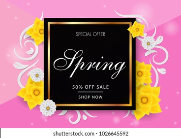 Spring sale black background with yellow and white flower. Vector illustration.banners.Wallpaper.beautiful, invitation, posters, brochure, discount.paper art and craft style.