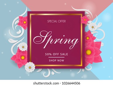 Spring sale black pink background with colorful flower. Vector illustration.banners.Wallpaper.beautiful, invitation, posters, brochure, discount.paper art and craft style.