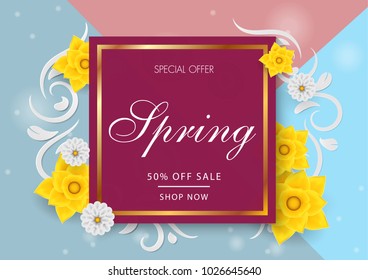 Spring sale black pink background with yellow and white flower. Vector illustration.banners.Wallpaper.beautiful, invitation, posters, brochure, discount.paper art and craft style.