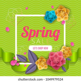 Spring sale blossom flowers with ribbons background cut paper art style for banner, poster, promotion, web site, online shopping, advertising. Vector illustration.