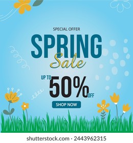 Spring Sale Blue Color with Flowers in Adobe Illustrator Artwork, up to 50% off