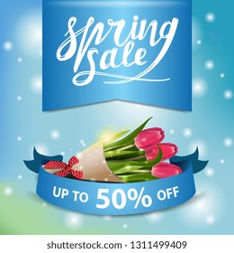 Spring sale blue modern banner with bouquet of tulips