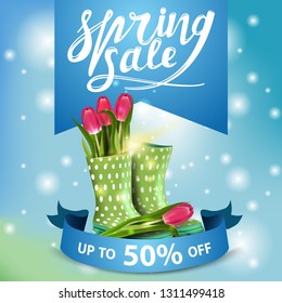 Spring sale blue modern banner with women's rubber boots