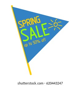 Spring Sale in blue triangular banner, flag. Simple laconic design with hand-drawn sun. In green, blue, yellow colors on a white background. Vector illustration. - Shutterstock ID 620443247