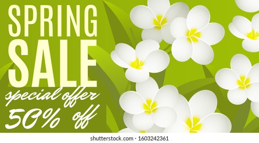 Spring sale. Bright banner with bouquet of white flower.Vector illustration