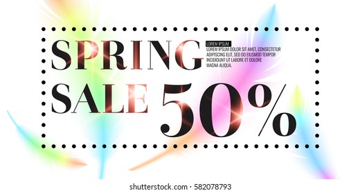 Spring Sale, bright bird feathers on a white background. Fashionable and modern vector poster.