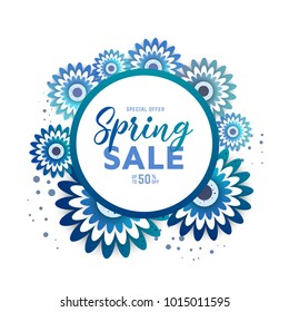 Spring sale Bright flyer for Spring sale with the decor of paper cut flowers. Women's Day. Trendy Design Template. Vector illustration