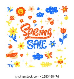 Spring sale. Calligraphy card with cliparts. Flowers, birds, butterfly. Vector illustration