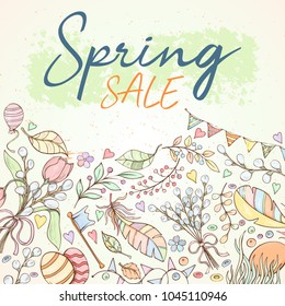 Spring sale card can be used for holiday cards, invitation, postcard, banner or website. Hand drawn illustration of flowers, leaves, feathers, balloon etc.