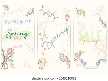 Spring sale card can be used for holiday cards, invitation, postcard, banner or website. Hand drawn illustration of flowers, leaves, feathers, balloon etc.
