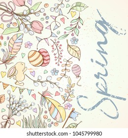 Spring sale card can be used for holiday cards, invitation, postcard, banner or website. Hand drawn illustration of flowers, leaves, feathers, balloon etc.