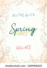 Spring sale card can be used for holiday cards, invitation, postcard, banner or website. Hand drawn illustration of flowers, leaves, feathers, balloon etc.