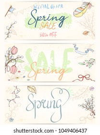 Spring sale card can be used for holiday cards, invitation, postcard, banner or website. Hand drawn illustration of flowers, leaves, feathers, balloon etc.