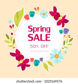 Spring sale card with colorful flowers as decoration.