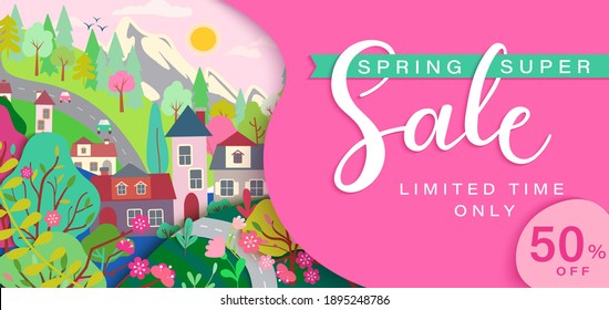 Spring sale card with springtime landscape: trees, flowers, houses, mountain.Big discounts in new season with panoramic of countryside. Banner, poster, card, flyer with clearance.Vector illustration.