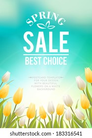 Spring sale card with white and yellow tulips