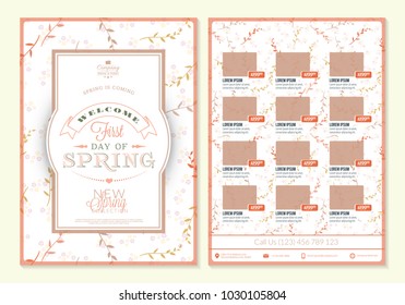 Spring sale catalog design. Business flyer template. Vintage badge with cute floral background