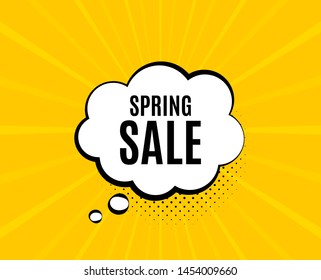 Spring Sale. Chat speech bubble. Special offer price sign. Advertising Discounts symbol. Yellow vector banner with bubble. Spring sale text. Chat badge. Colorful background. Vector