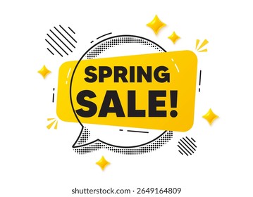 Bolha de fala de bate-papo de venda de primavera. Conceito de mídia social. Etiqueta de venda de primavera. Sinal de preço de oferta especial. Símbolo de Descontos publicitários. Mensagem de chat amarela. Oferecer balão de fala. Estrelas 3d brilhantes. Vetor