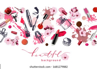 Venta primaveral con estética y plantilla de cerezo flor. Modelación detallada y realista en 3D. La belleza y los productos cosméticos. Uso para volante publicitario, banner, folleto. Vector de plantilla.