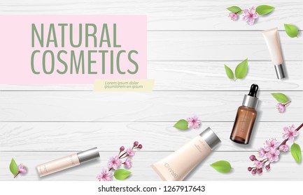 Spring sale cherry blossom organic cosmetic ad template. Skincare essence pink spring promo offer flower 3D realistic mockup. Sakura wooden plank background flat lay silver vector illustration