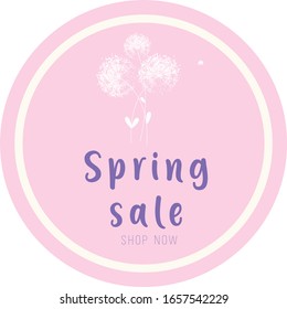 Spring Sale circle pink label with flowers and text. Concept of discount. Vector illustration.