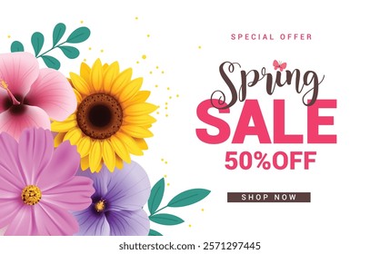 Spring sale clipart banner design. Spring special offer sale 50% discount price with beautiful flowers decoration elements for promotion clip art. Vector illustration holiday banner advertisement. 
