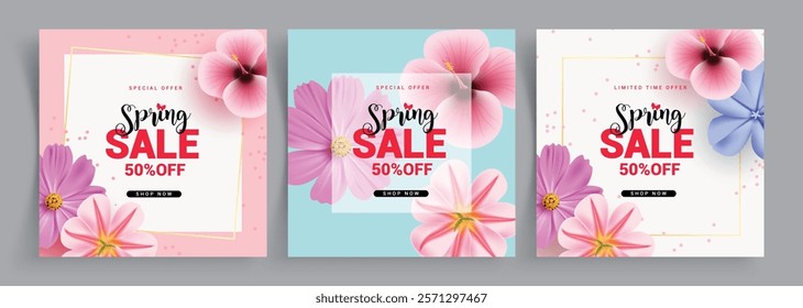 Spring sale clipart poster set design. Spring promotion sale 50% off discount with beautiful colorful flowers clip art collection. Vector illustration flyers promo banner. 
