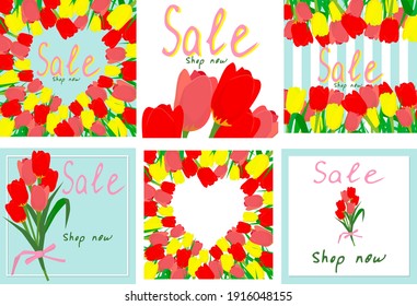 Spring sale. Collection of banners with beautiful tulips. Template for inscription or text. Vector illustration.