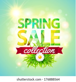 Spring Sale collection. Vector background with sun, chamomile, grass and ribbon. Text design.