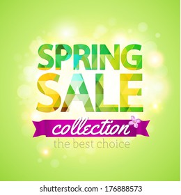 Spring Sale collection. Vector background with sun, chamomile, grass and ribbon. Text design.