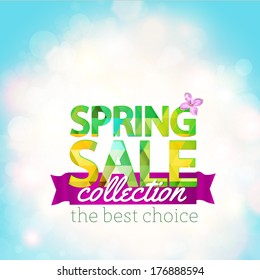 Spring Sale collection. Vector background with sun, lilac and ribbon. Text design.