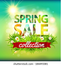 Colección Spring Sale. Fondo vectorial con sol, manzanilla, hierba y cinta. Diseño de texto.
