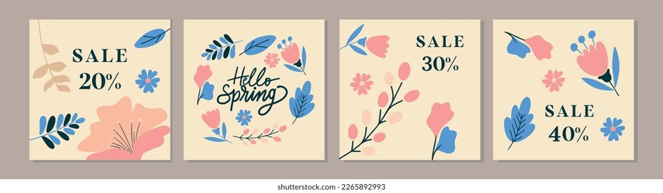 Spring sale color square backgrounds. Minimalistic style with floral elements and texture. Editable vector template for card, banner, invitation, social media post, poster, mobile apps, web ads.