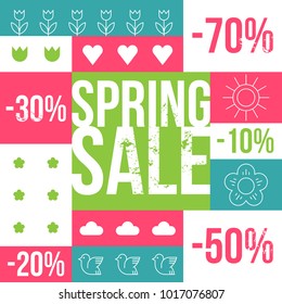 Spring sale colored background banner with linear symbols. Vector illustration.
